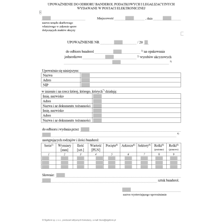 Upoważnienie do odbioru banderol podatkowych i legalizacyjnych wydawane w postaci elektronicznej