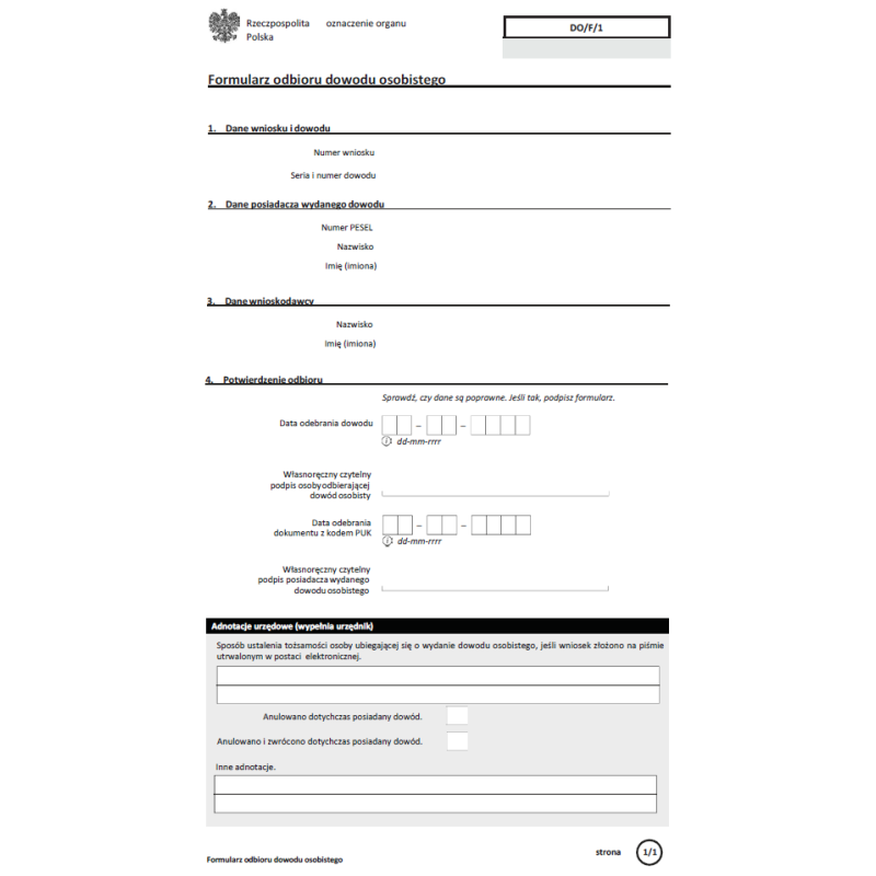 Formularz odbioru dowodu osobistego