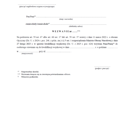 Wzory wezwań do kwalifikacji wojskowej