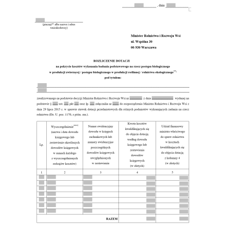 Rozliczenie dotacji na pokrycie kosztów wykonania badania podstawowego na rzecz postępu biologicznego w produkcji zwierzęcej, postępu biologicznego w produkcji roślinnej, rolnictwa ekologicznego + Planowany szczegółowy harmonogram zadań