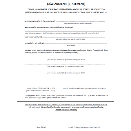 Zgoda na wydanie polskiego paszportu dla dziecka poniżej 18 roku życia (Oświadczenie)