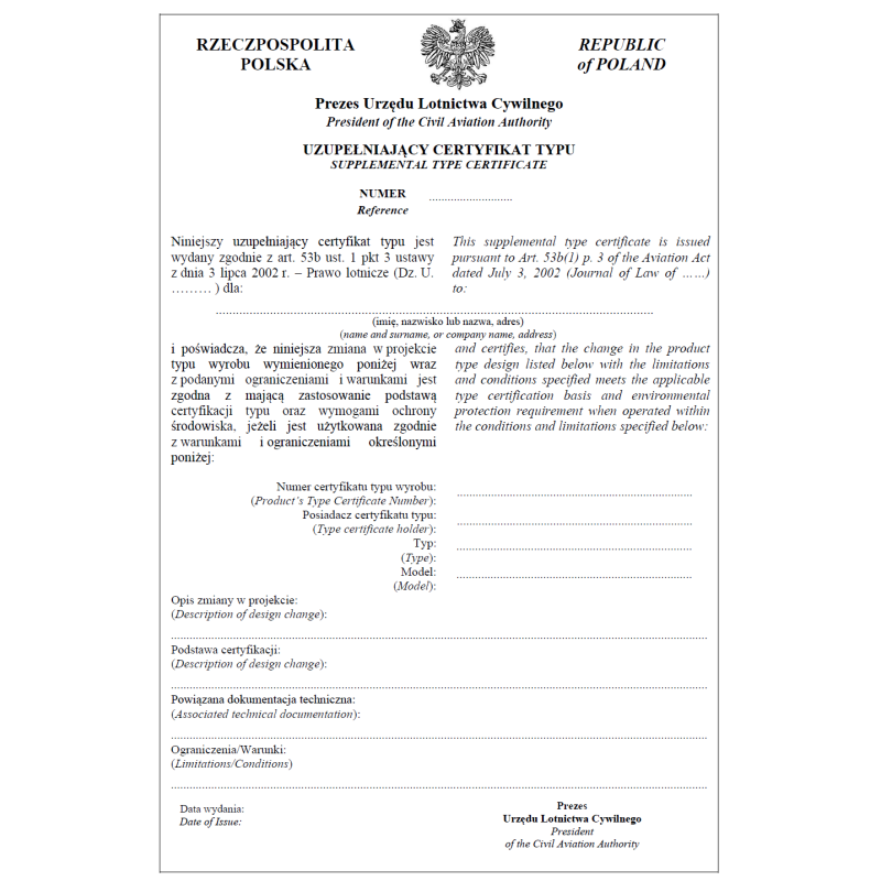 Uzupełniający certyfikat typu (statek powietrzny) Uzupełniający certyfikat typu (statek powietrzny)