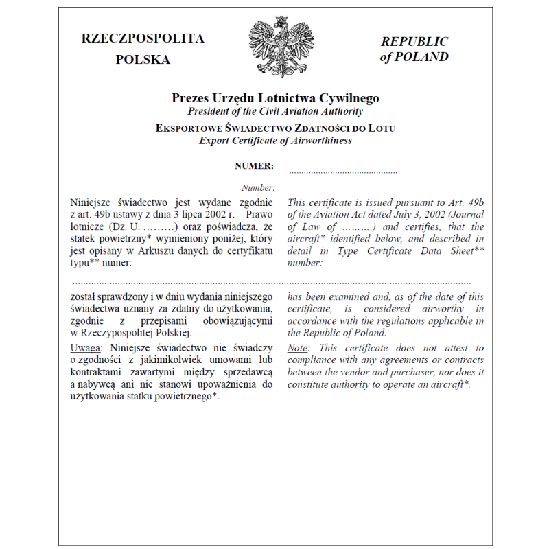 Eksportowe świadectwo zdatności do lotu (statek powietrzny) Eksportowe świadectwo zdatności do lotu (statek powietrzny)