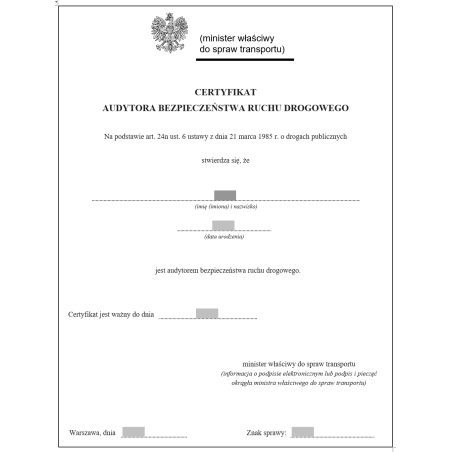 Certyfikat audytora bezpieczeństwa ruchu drogowego