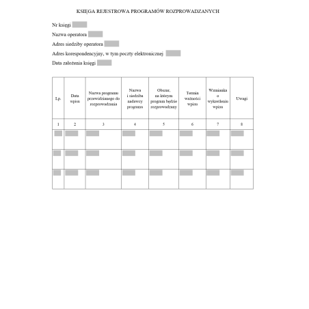 Księga rejestrowa programów rozprowadzanych