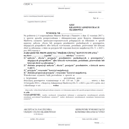 Wzory dokumentowania przez Krajową Administrację Skarbową czynności operacyjno-rozpoznawczych polegających na dokonaniu w sposób niejawny nabycia, zbycia lub przejęcia przedmiotów pochodzących z przestępstwa