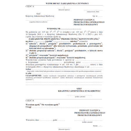 Wzory dokumentowania przez Krajową Administrację Skarbową czynności operacyjno-rozpoznawczych polegających na dokonaniu w sposób niejawny nabycia, zbycia lub przejęcia przedmiotów pochodzących z przestępstwa