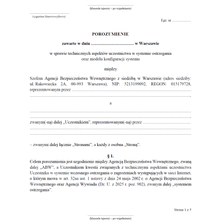 Porozumienie w sprawie technicznych aspektów uczestnictwa w systemie ostrzegania oraz modelu konfiguracji systemu