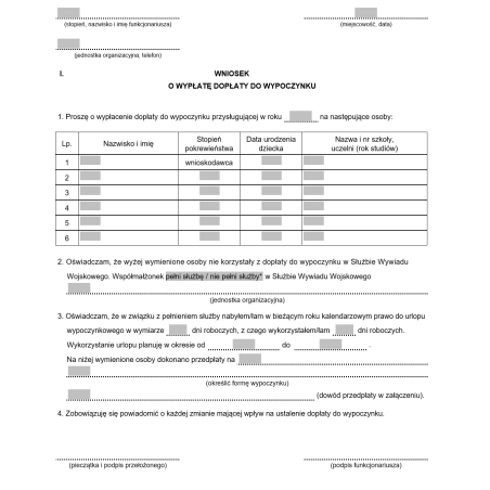 Wniosek o wypłatę dopłaty do wypoczynku funkcjonariuszowi Służby Wywiadu Wojskowego i członkom jego rodziny