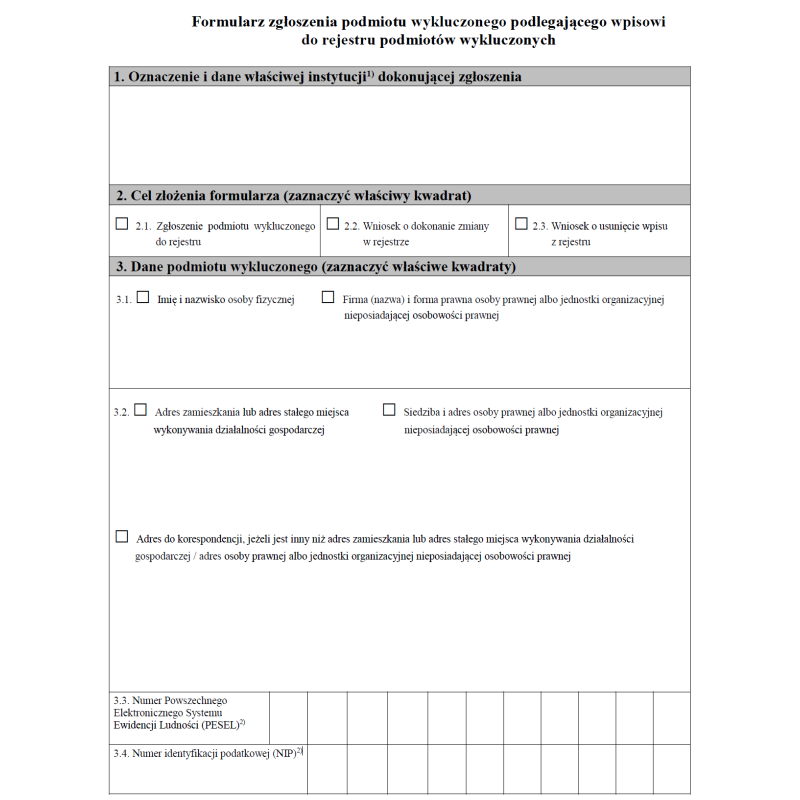 Formularz zgłoszenia podmiotu podlegającego wpisowi do rejestru podmiotów wykluczonych Formularz zgłoszenia podmiotu podlegającego wpisowi do rejestru podmiotów wykluczonych