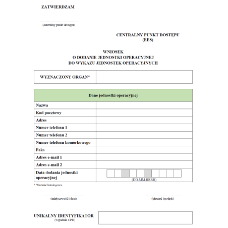 Wniosek o dodanie jednostki operacyjnej do wykazu jednostek operacyjnych