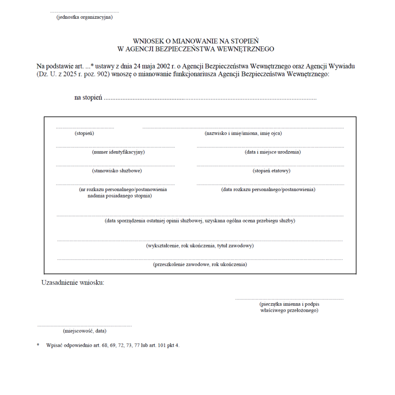 Wniosek / Wniosek zbiorczy o mianowanie na stopień w Agencji Bezpieczeństwa Wewnętrznego Wniosek / Wniosek zbiorczy o mianowanie na stopień w Agencji Bezpieczeństwa Wewnętrznego