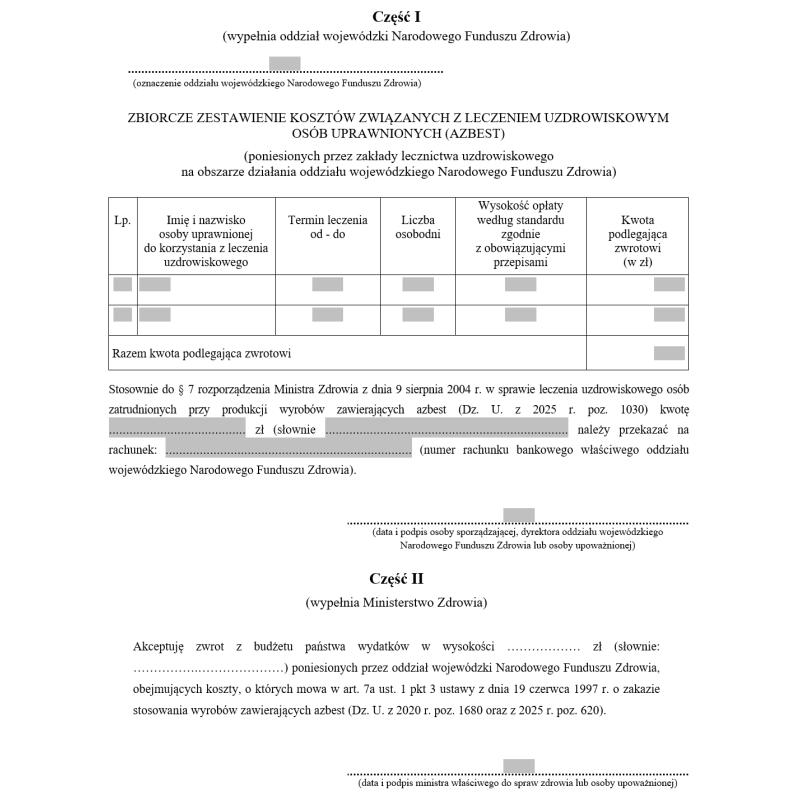 Zbiorcze zestawienie kosztów związanych z leczeniem uzdrowiskowym osób uprawnionych (azbest)