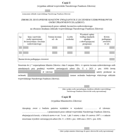 Zbiorcze zestawienie kosztów związanych z leczeniem uzdrowiskowym osób uprawnionych (azbest)