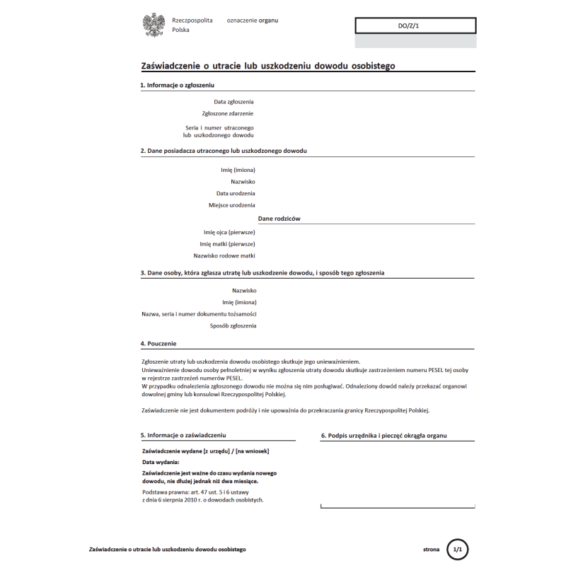 Zaświadczenie o utracie lub uszkodzeniu dowodu osobistego Zaświadczenie o utracie lub uszkodzeniu dowodu osobistego