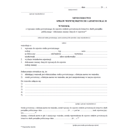 Formularze w sprawie prowadzenia rejestru statków powietrznych lotnictwa służb porządku publicznego