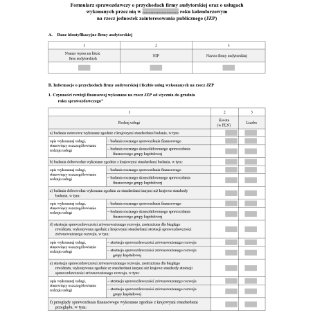 Formularz sprawozdawczy o przychodach firmy audytorskiej oraz usługach wykonanych przez nią na rzecz JZP / jednostek innych niż JZP