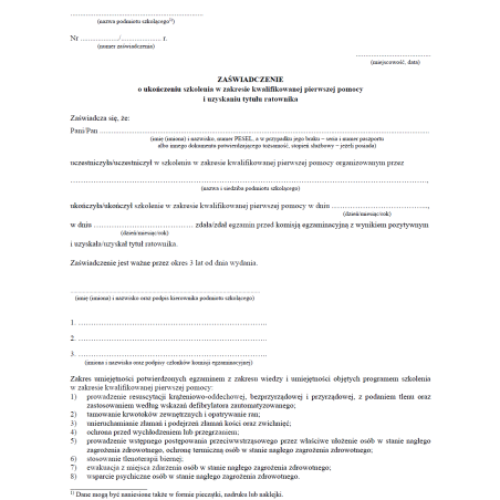 Zaświadczenie o ukończeniu szkolenia w zakresie kwalifikowanej pierwszej pomocy i uzyskaniu tytułu ratownika