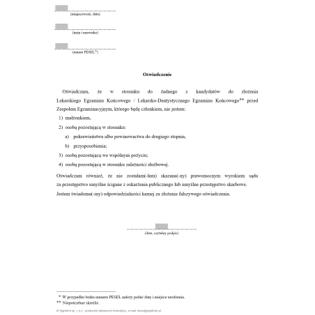 Oświadczenie członka zespołu egzaminacyjnego do złożenia LEKLDEK