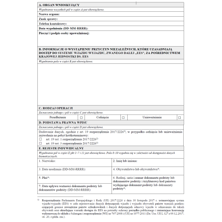 Wniosek o dodanie danych do systemu wjazdu / wyjazdu