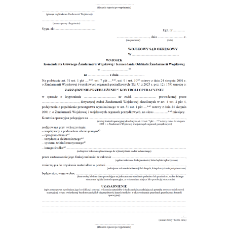 Wzory dokumentowania kontroli operacyjnej realizowanej przez Żandarmerię Wojskową