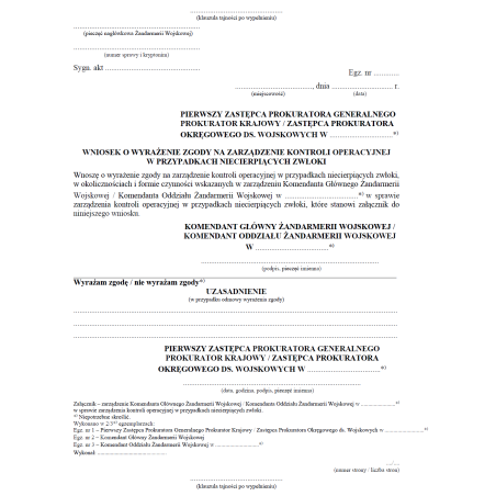 Wzory dokumentowania kontroli operacyjnej realizowanej przez Żandarmerię Wojskową