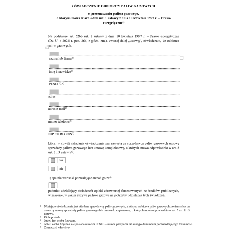 Oświadczenie odbiorcy paliw gazowych o przeznaczeniu paliwa gazowego, o którym mowa w art. 62ba ust. 2 ustawy z dnia 10 kwietnia 1997 r. – Prawo Energetyczne