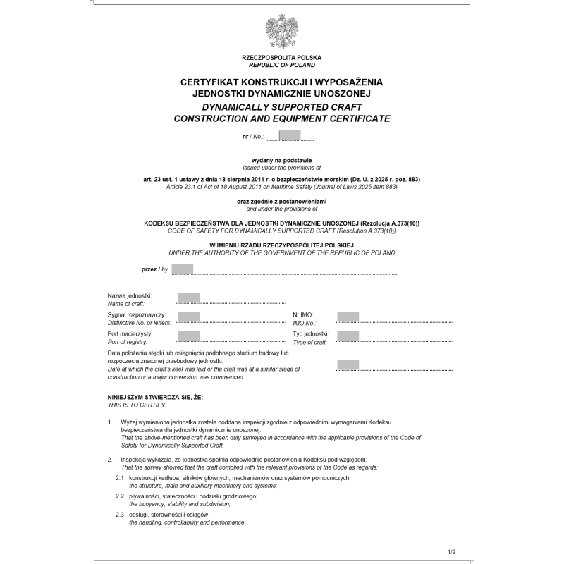 Certyfikat konstrukcji i wyposażenia / Pozwolenie na eksploatację jednostki dynamicznie unoszonej