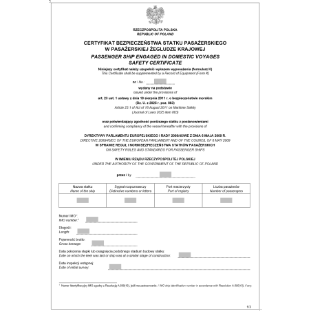 Certyfikat bezpieczeństwa statku pasażerskiego w pasażerskiej żegludze krajowej