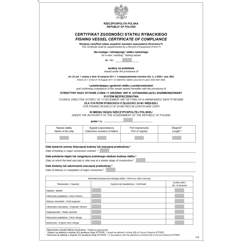 Certyfikat zgodności statku rybackiego (Fishing vessel certificate of compliance)