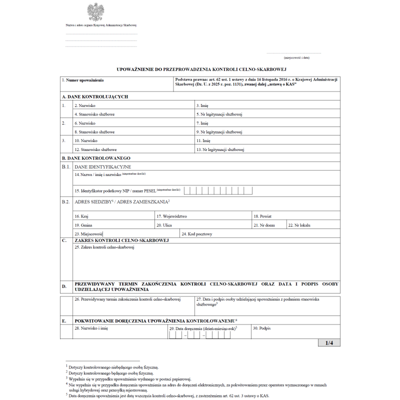 Upoważnienie do przeprowadzenia kontroli celno-skarbowej