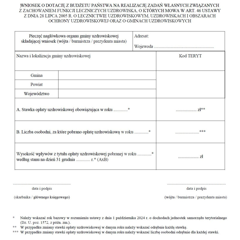 Wniosek o dotację z budżetu państwa na realizację zadań własnych związanych z zachowaniem funkcji leczniczych uzdrowiska