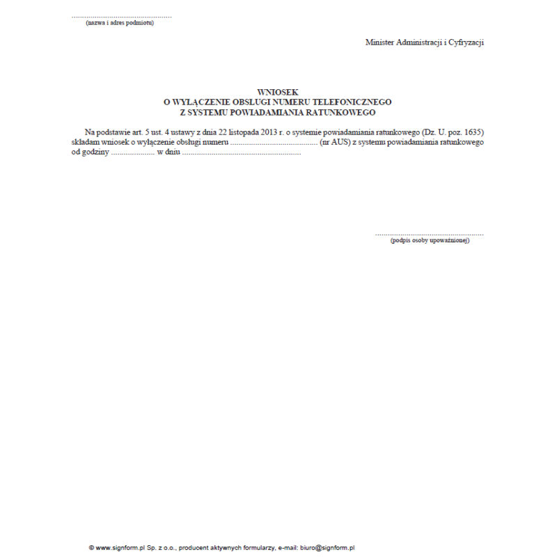 Wniosek o wyłączenie obsługi numeru telefonicznego z systemu powiadamiania ratunkowego