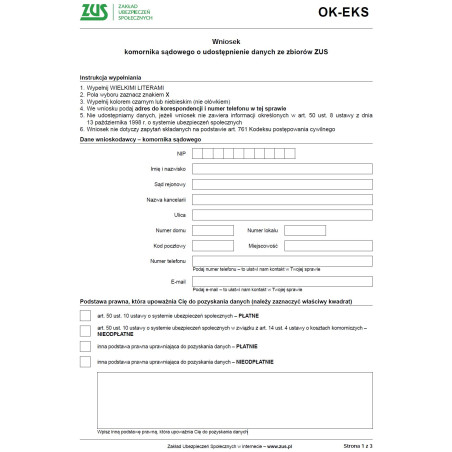 Wniosek OK-EKS Wniosek Komornika Sądowego o udostępnienie danych ze zbiorów ZUS