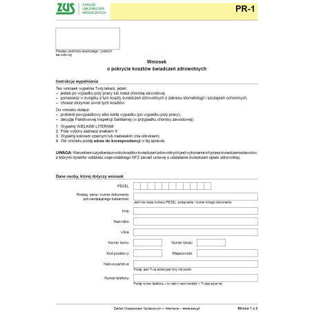 ZUS PR-1 Wniosek o pokrycie kosztów świadczeń zdrowotnych