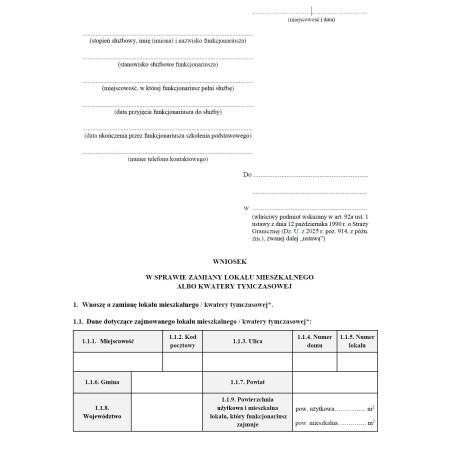 Wniosek w sprawie wyboru formy zakwaterowania, zamiany lokalu mieszkalnego albo kwatery tymczasowej przez funkcjonariusza Straży Granicznej
