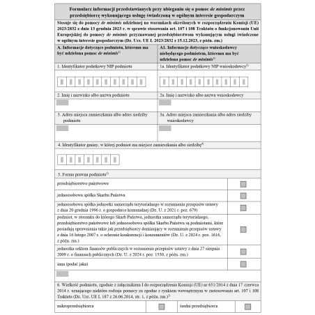 Formularz informacji przedstawianych przy ubieganiu się o pomoc de minimis przez przedsiębiorcę wykonującego usługę świadczoną w ogólnym interesie gospodarczym