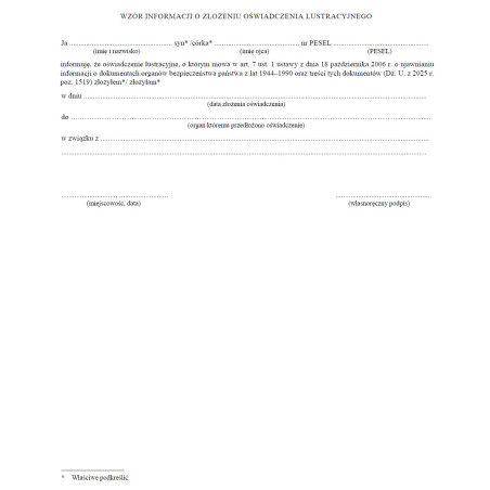 Wzory oświadczeń i informacji lustracyjnych i deklaracji o pracy lub służbie w organach bezpieczeństwa państwa
