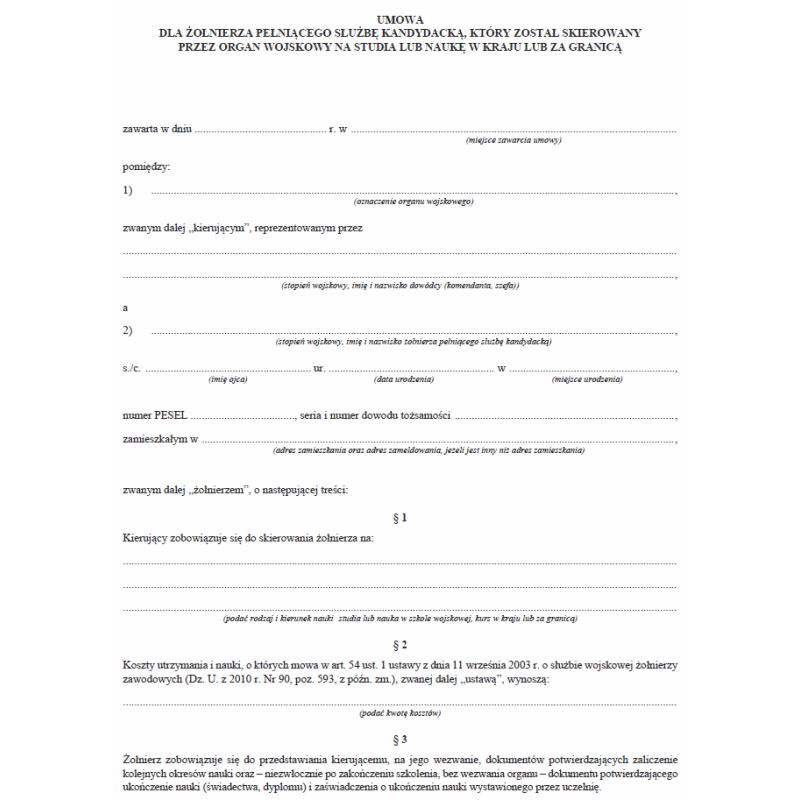 Umowa dla żołnierza pełniącego służbę kandydacką, który został skierowany przez organ wojskowy na studia lub naukę w kraju lub za granicą