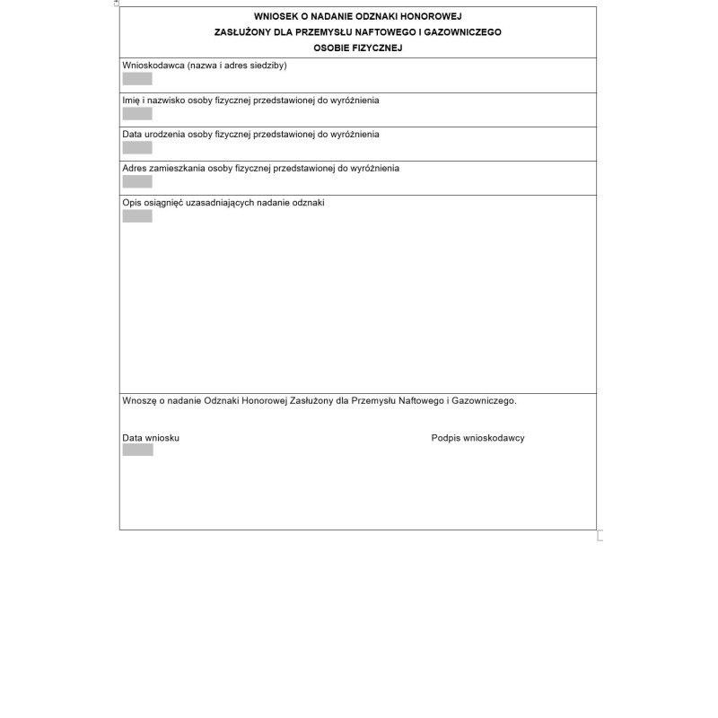 Wniosek o nadanie odznaki honorowej „Zasłużony dla przemysłu naftowego i gazowniczego”