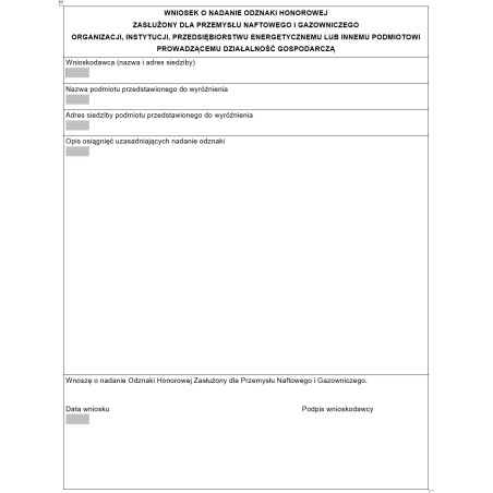 Wniosek o nadanie odznaki honorowej „Zasłużony dla przemysłu naftowego i gazowniczego”