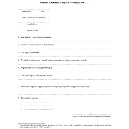 Wniosek o przyznanie nagrody rocznej osobom zatrudnionym w podmiotach prawnych utworzonych, podległych lub nadzorowanych przez ministra właściwego do spraw informatyzacji