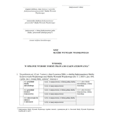 Wniosek w sprawie wyboru formy prawa do zakwaterowania lub zamianę lokalu mieszkalnego albo kwatery tymczasowej dla funkcjonariusza SKW oraz SWW
