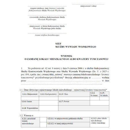 Wniosek w sprawie wyboru formy prawa do zakwaterowania lub zamianę lokalu mieszkalnego albo kwatery tymczasowej dla funkcjonariusza SKW oraz SWW