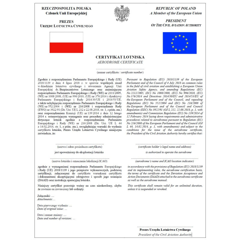 Wzór certyfikatu lotniska, certyfikatu agenta obsługi naziemnej (AHAC) i Zakres zatwierdzenia organizacji kompleksowej zdatności do lotu Wzór certyfikatu lotniska, certyfikatu agenta obsługi naziemnej (AHAC) i Zakres zatwierdzenia organizacji kompleksowej zdatności do lotu