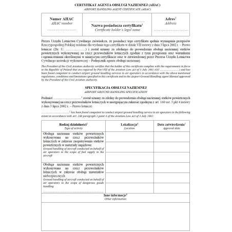 Wzór certyfikatu lotniska, certyfikatu agenta obsługi naziemnej (AHAC) i Zakres zatwierdzenia organizacji kompleksowej zdatności do lotu