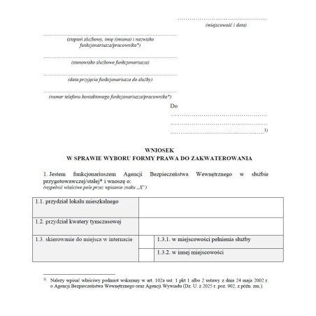Wniosek w sprawie wyboru formy prawa do zakwaterowania funkcjonariusza Agencji Bezpieczeństwa Wewnętrznego