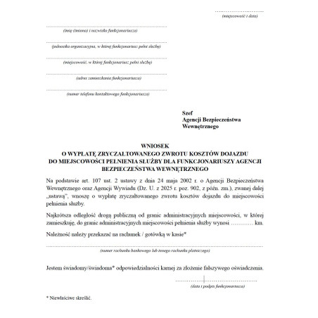 Wniosek o wypłatę zryczałtowanego zwrotu kosztów dojazdu do miejscowości pełnienia służby dla funkcjonariuszy Agencji Bezpieczeństwa Wewnętrznego