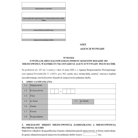 Wniosek o wypłatę zryczałtowanego zwrotu kosztów dojazdu do miejscowości, w której funkcjonariusz Agencji Wywiadu pełni służbę
