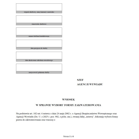 Wniosek w sprawie wyboru formy zakwaterowania funkcjonariusza Agencji Wywiadu